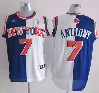 New York Knicks #7 Carmelo Anthony Revolution 30 Swingman Blue And White Split Jersey