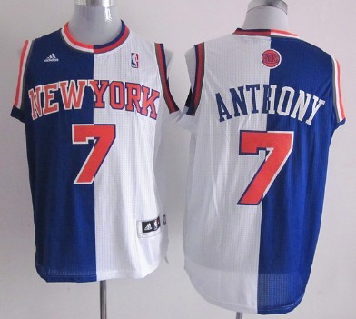 New York Knicks #7 Carmelo Anthony Revolution 30 Swingman Blue And White Split Jersey