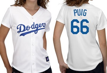 Los Angeles Dodgers #66 Yasiel Puig White With Blue Womens Jersey