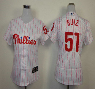 Philadelphia Phillies #51 Carlos Ruiz Red Pinstripe White Womens Jersey