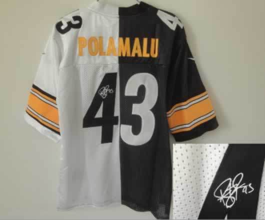 Pittsburgh Steelers #43 Polamalu Black&White Split Signed Elite Jersey