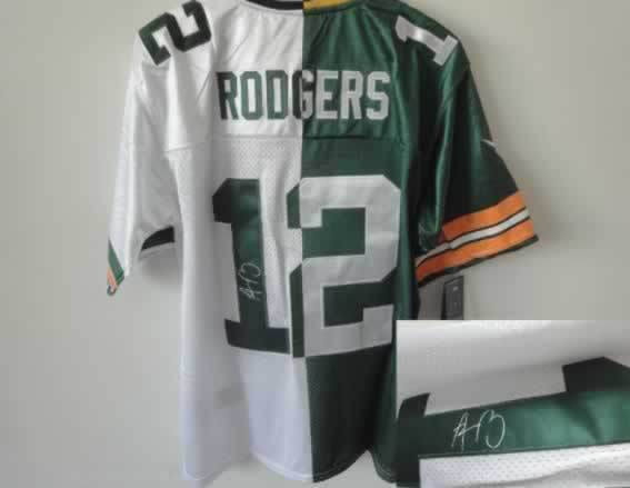 Green Bay Packers #12 Rodgers Green&White Split Signed Elite Jersey