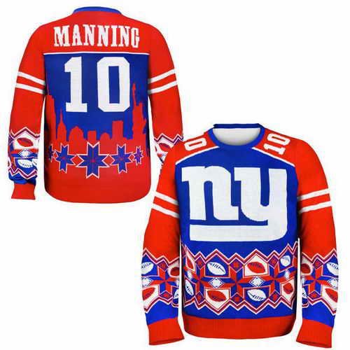 Nike Giants #10 Eli Manning Royal Blue and Red Men's Ugly Sweater