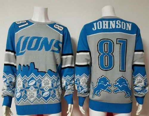 Nike Lions #81 Calvin Johnson Blue and Grey Men's Ugly Sweater