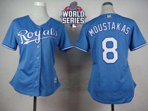 Royals #8 Mike Moustakas Light Blue Alternate 2015 World Series Patch Women's Stitched MLB Jersey