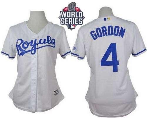 Royals #4 Alex Gordon White Home 2015 World Series Patch Women's Stitched MLB Jersey