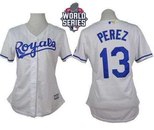 Royals #13 Salvador Perez White Home 2015 World Series Patch Women's Stitched MLB Jersey