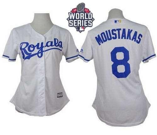 Royals #8 Mike Moustakas White Home 2015 World Series Patch Women's Stitched MLB Jersey