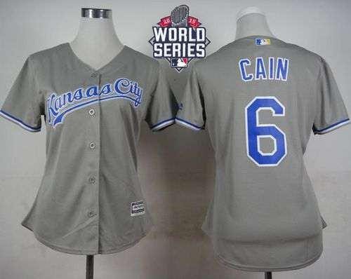 Royals #6 Lorenzo Cain Grey Road 2015 World Series Patch Women's Stitched MLB Jersey
