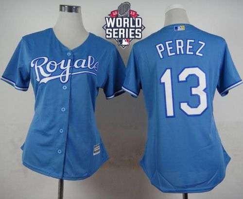 Royals #13 Salvador Perez Light Blue Alternate 2015 World Series Patch Women's Stitched MLB Jersey