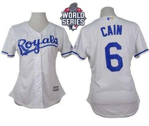 Royals #6 Lorenzo Cain White Home 2015 World Series Patch Women's Stitched MLB Jersey