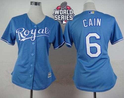 Royals #6 Lorenzo Cain Light Blue Alternate 2015 World Series Patch Women's Stitched MLB Jersey