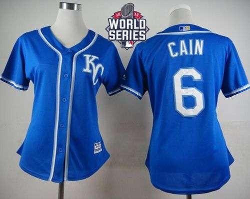 Royals #6 Lorenzo Cain Blue Alternate 2015 World Series Patch Women's Stitched MLB Jersey