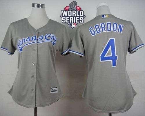 Royals #4 Alex Gordon Grey Road 2015 World Series Patch Women's Stitched MLB Jersey