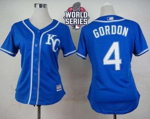 Royals #4 Alex Gordon Blue Alternate 2015 World Series Patch Women's Stitched MLB Jersey