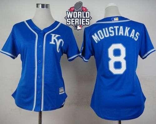 Royals #8 Mike Moustakas Blue Alternate 2015 World Series Patch Women's Stitched MLB Jersey