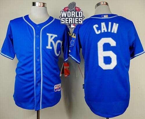 Royals #6 Lorenzo Cain Light Blue Alternate 2 Cool Base 2015 World Series Patch Stitched MLB Jersey