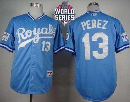 Royals #13 Salvador Perez Light Blue 1985 Turn Back The Clock 2015 World Series Patch Stitched MLB Jersey