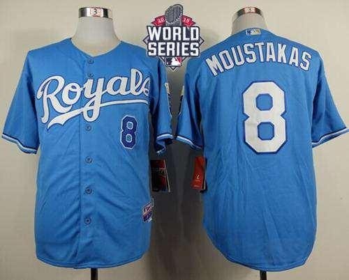 Royals #8 Mike Moustakas Light Blue Alternate 1 Cool Base 2015 World Series Patch Stitched MLB Jersey