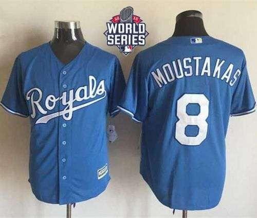 Royals #8 Mike Moustakas Light Blue Alternate 1 New Cool Base 2015 World Series Patch Stitched MLB Jersey