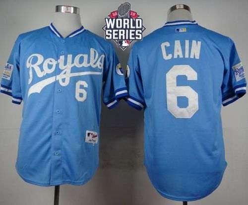 Royals #6 Lorenzo Cain Light Blue 1985 Turn Back The Clock 2015 World Series Patch Stitched MLB Jersey