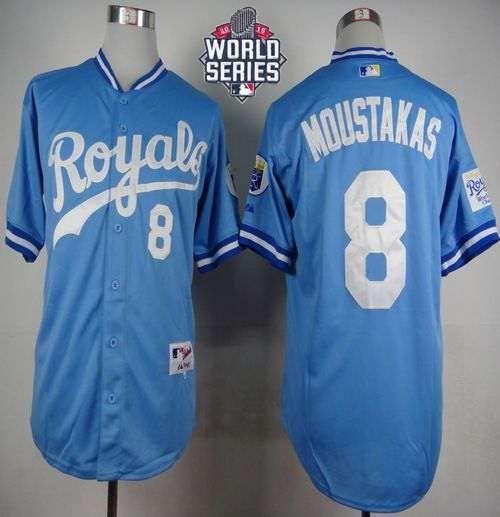 Royals #8 Mike Moustakas Light Blue 1985 Turn Back The Clock 2015 World Series Patch Stitched MLB Jersey