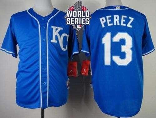 Royals #13 Salvador Perez Blue Alternate 2 Cool Base 2015 World Series Patch Stitched MLB Jersey
