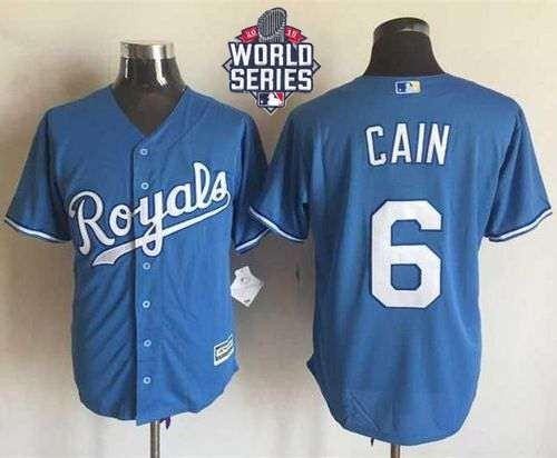 Royals #6 Lorenzo Cain Light Blue Alternate 1 New Cool Base 2015 World Series Patch Stitched MLB Jersey