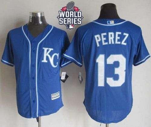 Royals #13 Salvador Perez Blue Alternate 2 New Cool Base 2015 World Series Patch Stitched MLB Jersey