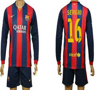 2014-15 FC Bacelona #16 Sergio Home Soccer Long Sleeve Shirt Kit