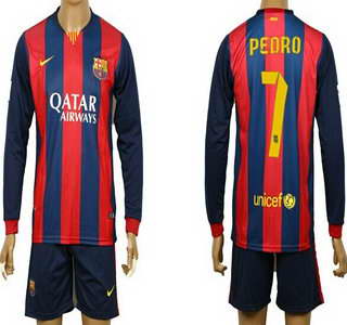 2014-15 FC Bacelona #7 Pedro Home Soccer Long Sleeve Shirt Kit