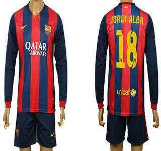 2014-15 FC Bacelona #18 Jordi Alba Home Soccer Long Sleeve Shirt Kit