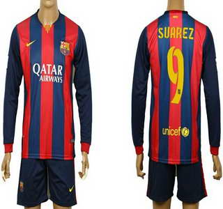 2014-15 FC Bacelona #9 Suarez Home Soccer Long Sleeve Shirt Kit