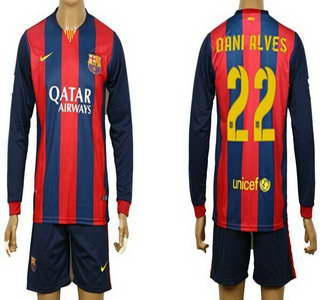 2014-15 FC Bacelona #22 Dani Alves Home Soccer Long Sleeve Shirt Kit