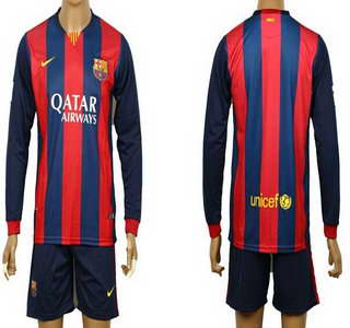 2014-15 FC Bacelona Blank (or Custom) Home Soccer Long Sleeve Shirt Kit