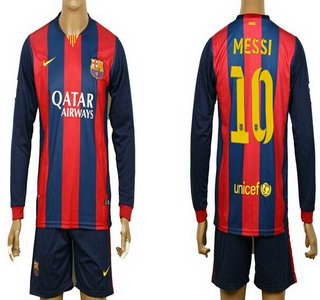 2014-15 FC Bacelona #10 Messi Home Soccer Long Sleeve Shirt Kit