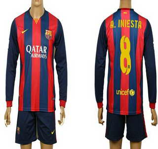 2014-15 FC Bacelona #8 A.Iniesta Home Soccer Long Sleeve Shirt Kit