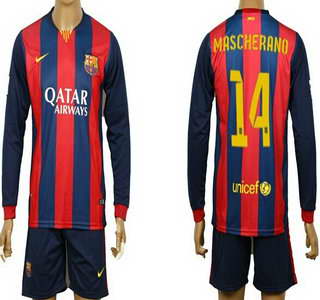 2014-15 FC Bacelona #14 Mascherano Home Soccer Long Sleeve Shirt Kit
