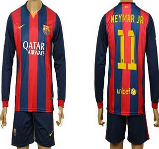 2014-15 FC Bacelona #11 Neymar Jr Home Soccer Long Sleeve Shirt Kit