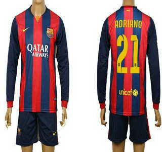 2014-15 FC Bacelona #21 Adriano Home Soccer Long Sleeve Shirt Kit
