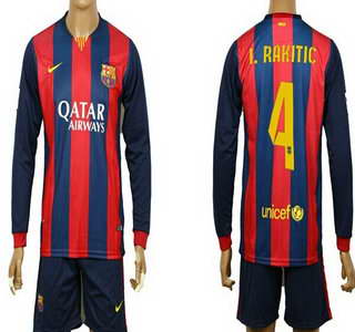 2014-15 FC Bacelona #4 I.Rakitic Home Soccer Long Sleeve Shirt Kit