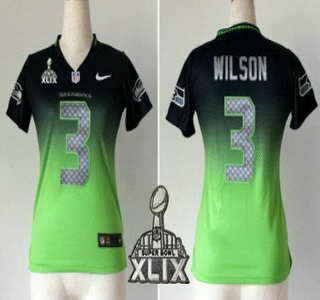 Nike Seattle Seahawks #3 Russell Wilson 2015 Super Bowl XLIX Navy Blue With Green Fadeaway Womens Jersey
