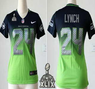Nike Seattle Seahawks #24 Marshawn Lynch 2015 Super Bowl XLIX Navy Blue With Green Fadeaway Womens Jersey
