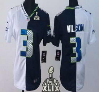 Nike Seattle Seahawks #3 Russell Wilson 2015 Super Bowl XLIX White With Navy Blue Two Tone Womens Jersey