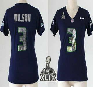 Nike Seattle Seahawks #3 Russell Wilson 2015 Super Bowl XLIX Handwork Sequin Lettering Fashion Blue Womens Jersey