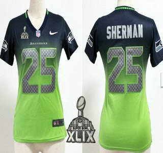 Nike Seattle Seahawks #25 Richard Sherman 2015 Super Bowl XLIX Navy Blue With Green Fadeaway Womens Jersey