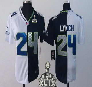 Nike Seattle Seahawks #24 Marshawn Lynch 2015 Super Bowl XLIX White With Navy Blue Two Tone Womens Jersey