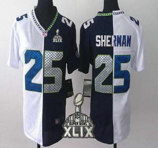 Nike Seattle Seahawks #25 Richard Sherman 2015 Super Bowl XLIX White With Navy Blue Two Tone Womens Jersey