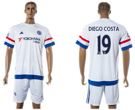 2015-16 Men's Chelsea FC Away #19 Diego Costa White Soccer Shirt Kit
