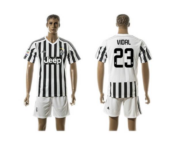 2015-16 Men's Juventus FC Home #23 Vidal Black With White Soccer Shirt Kit
